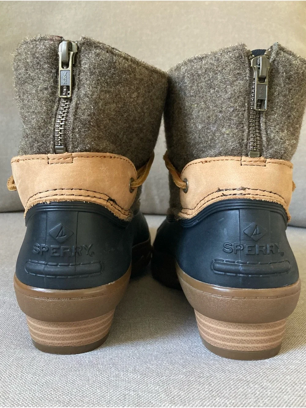 Sperry Saltwater Wedge Tide Wool Duck Boots Gray Navy Women’s 8 NWOB